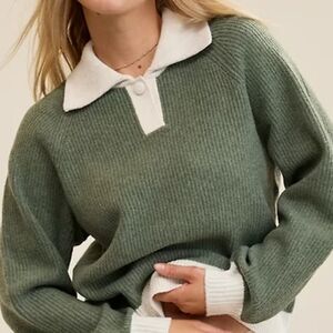 Aerie V-Neck Sweater in Olive and White